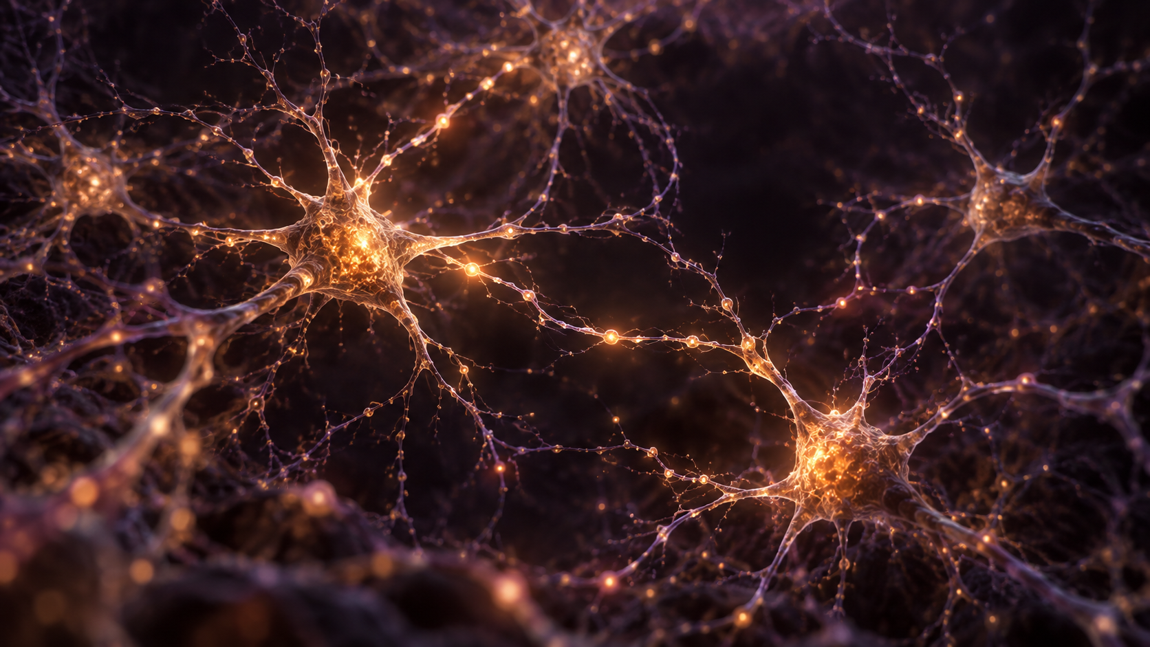 Organic neural fibres forming illuminated connections in amber and violet shadow.