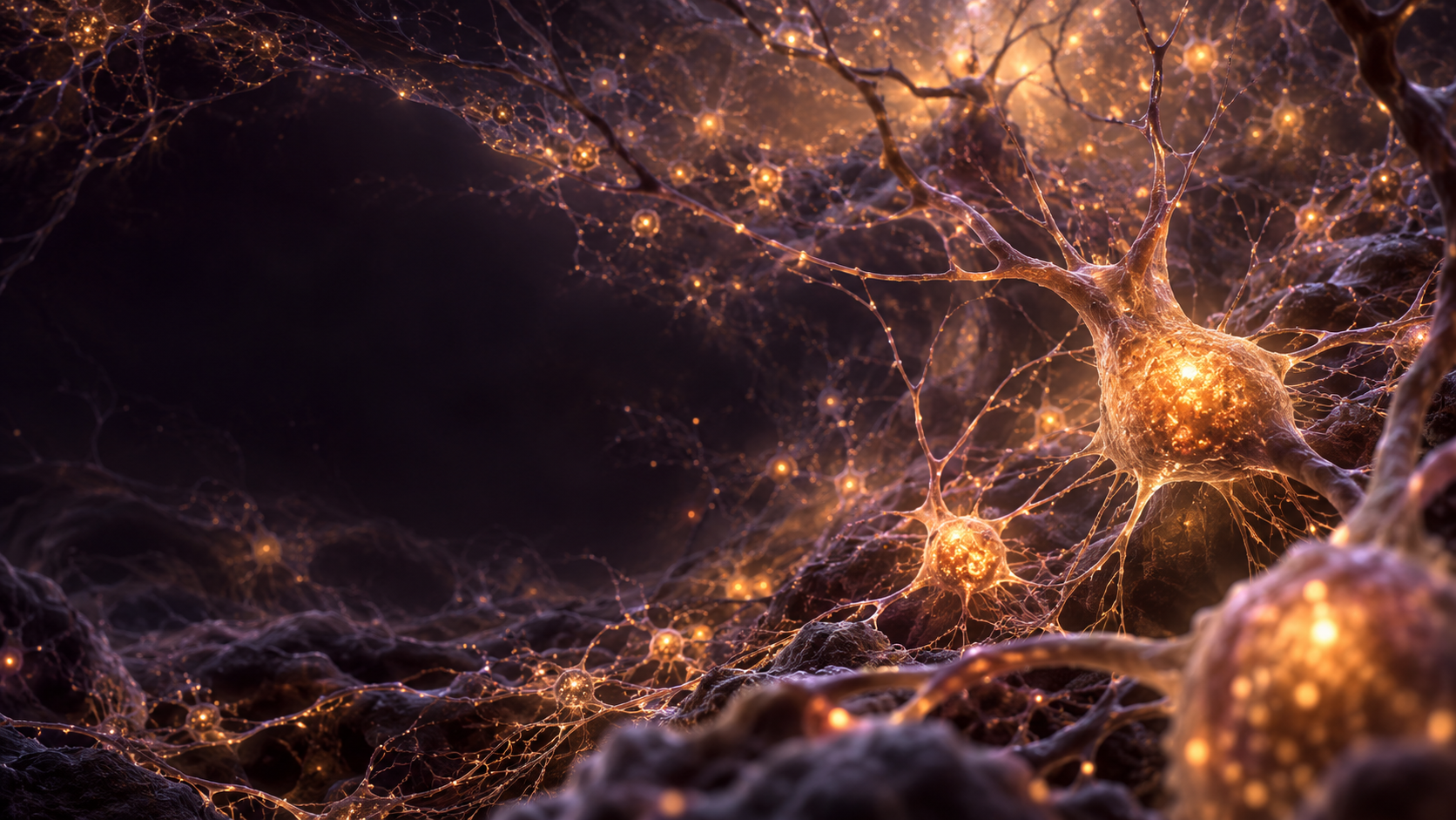 Organic neural fibres forming illuminated connections in amber and violet shadow.